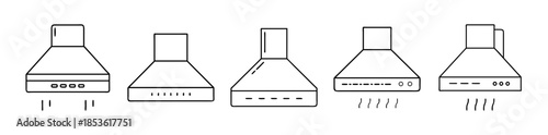 Kitchen range hood, extractor, cooker appliance line icons set.