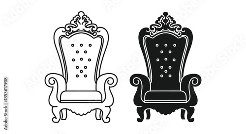 Intricate designs of two ornate vintage chairs are beautifully displayed in black and white silhouette