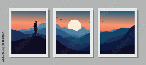 Vibrant mountain landscape with sunset and silhouette of hiker