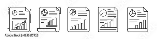 Business financial data reports and analysis document line icons