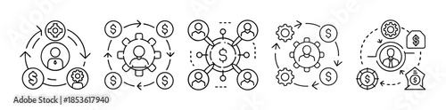 Business and finance linear icon set for money flow, strategy