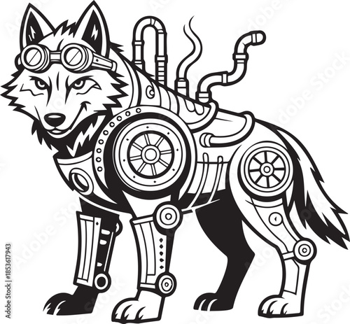 Steampunk wolf illustration in vector format featuring mechanical and gears design