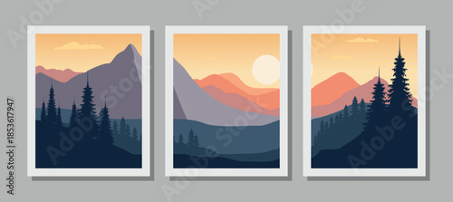 Vibrant mountain landscapes with pine trees at sunset
