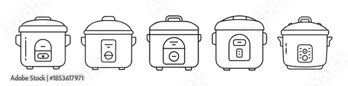 Rice cooker outline icons set for home kitchen cooking appliances