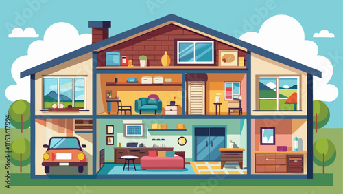 Flat vector illustration of a house in cutaway cross-section view, showing detailed interior rooms with furniture including bedroom, living room, kitchen, bathroom, nursery, and garage