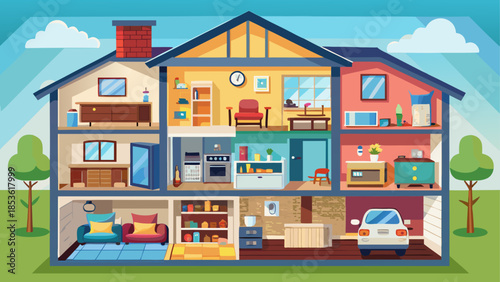 Flat vector illustration of a house in cutaway cross-section view, showing detailed interior rooms with furniture including bedroom, living room, kitchen, bathroom, nursery, and garage