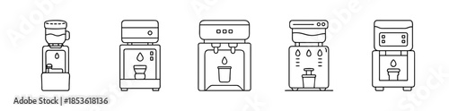 Water cooler line icons set. office hydration station illustrations