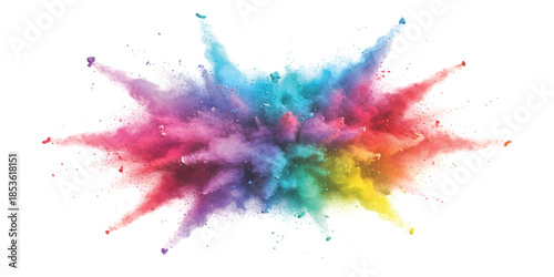 A vibrant explosion of rainbow-colored powder radiating outwards against a clean white background