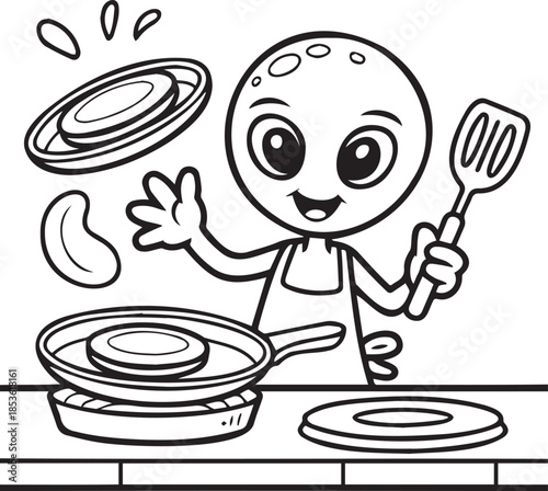 Alien cooking pancakes illustration in vector art tossing in a pan fun and cute