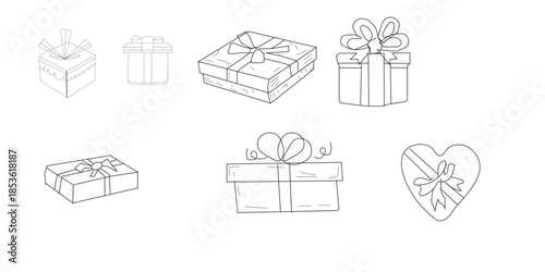 Gift boxes and presents with ribbons and bows