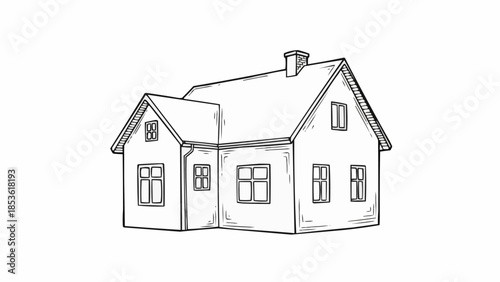 Sketch of a Cozy Two Story House with Chimney and Windows.