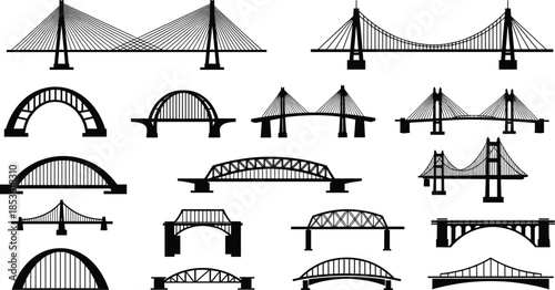 Modern bridge collection, different bridge designs, suspension bridge, arch bridge, cable stayed bridge, infrastructure illustration set, transportation engineering concepts, architectural bridge 