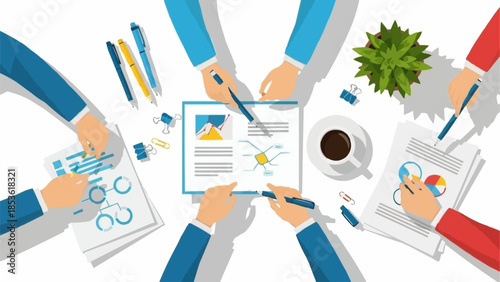 Team meeting discussing business strategy and data analysis charts.