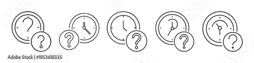 Time question line icons set; clocks with question marks symbol