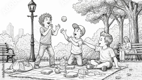 Three happy children playing catch with a ball in a park setting.
