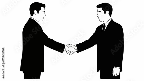 Two businessmen in suits shaking hands in agreement illustration.