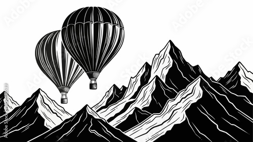 Two hot air balloons flying over a mountain range illustration.