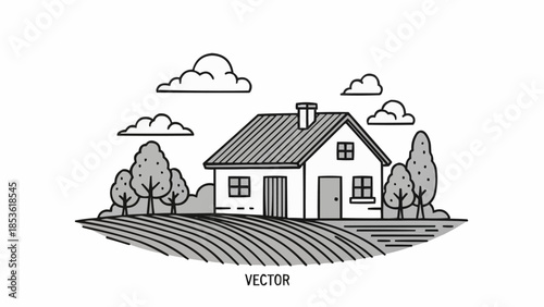 Vector illustration of a house with trees and fields.