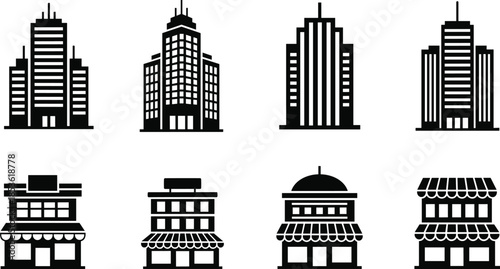 Modern city building icons set, urban skyline skyscrapers and small storefront shops, flat vector architecture collection for real estate, business, construction, web design