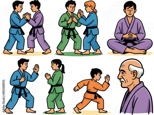 Diverse group of individuals practicing martial arts, showcasing various techniques, meditation, and instruction across different age groups and skill levels in a dynamic illustrated compilation.