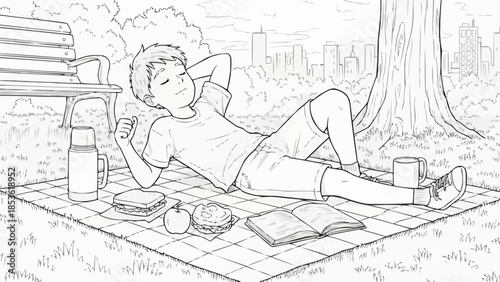 Young boy relaxing on a picnic blanket in the park.