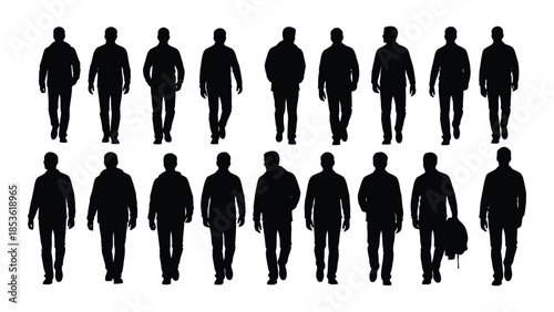 A collection of black silhouettes depicting people walking in various poses silhouette
