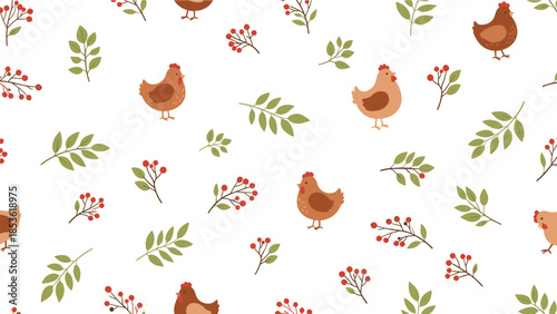 Charming seamless pattern with cute cartoon chickens, delicate green foliage, and vibrant red berries scattered on a plain white background.