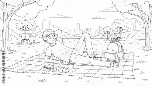 Young man relaxing on a picnic blanket in a park.