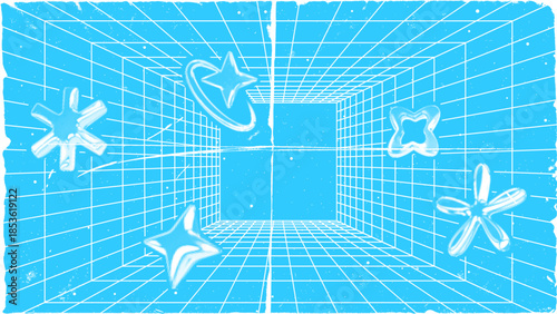 3D wireframe perspective grid room template design vector illustration background. Empty three dimensional virtual room perspective wireframe grid geometric sketch. Cyber virtual line interior frame