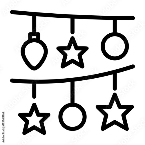 Festive String Lights Featuring Bulbs and Stars Festive Decoration Line Art Style