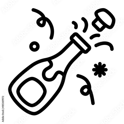 Black and White Line Art Icon of Champagne Bottle Popping Cork With Confetti and Streamers