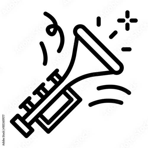 Simple Outline Icon of a Trumpet With Musical Notes and Confetti Celebrating a New Year Event