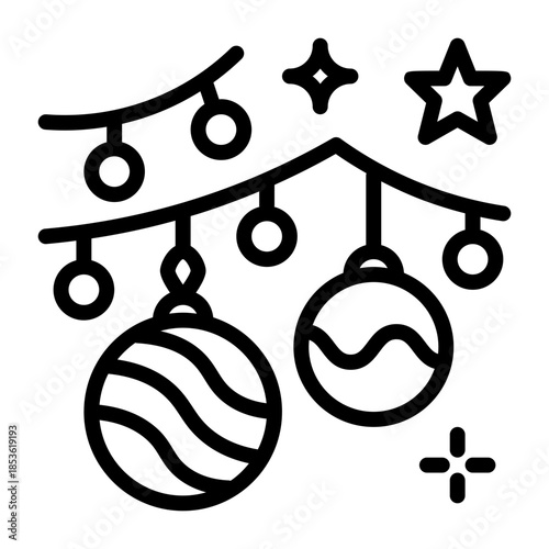 New Year Decorative Baubles and Stars on White Background Line Art Festive Celebration