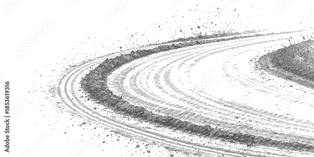 Obraz premium Dynamic tire tracks on a sharp curve with flying dirt, isolated on white background
