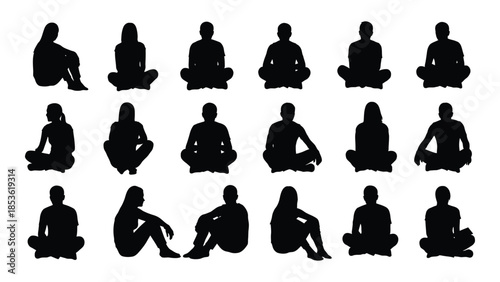 Collection of diverse yoga poses depicted in black human figure silhouette