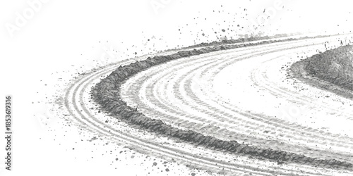 Dynamic tire tracks on a sharp curve with flying dirt, isolated on white background