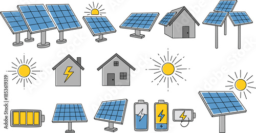 Solar energy icon set, renewable power panels, sustainable electricity symbols, clean energy illustration for solar systems, batteries, houses, sun, eco technology design collection vector