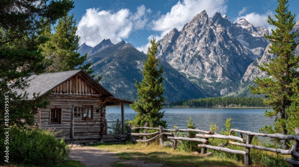 Fototapeta premium Rustic Cabin by Mountain Lake with Scenic Mountain Views