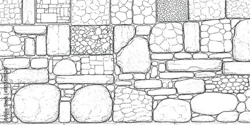 Hand-drawn sketch of a rustic stone wall featuring varied textures and shapes