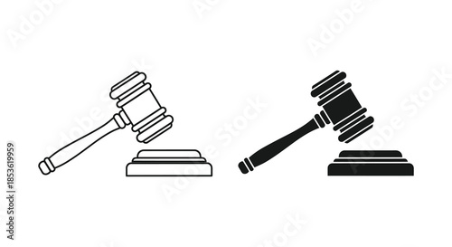 Two wooden gavels one in outline and one as a dark shape represent justice and legal proceedings silhouette