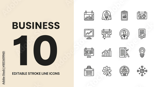 Business 10 Editable Stroke Line Icons Collection.