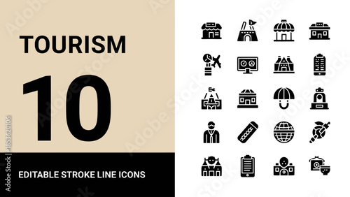 Collection of Tourism Related Editable Stroke Line Icons.