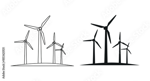 A minimalist illustration depicts several wind turbines across a landscape including one dark silhouette
