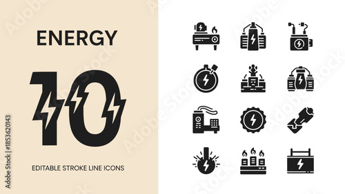 Energy Icons Set With Lightning Bolt Symbol.