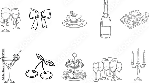 ector illustration of celebration and party icons, black and white sketches of drinksector illustration of celebration and party icons, black and white sketches of drinks