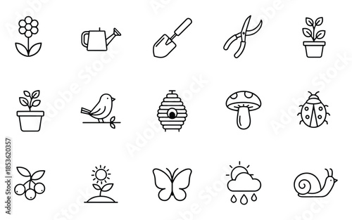 Gardening icons set with plants and tools