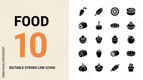 Set of 10 Editable Stroke Line Icons Representing Food Items.