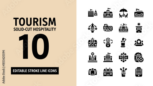 Tourism and Hospitality Solid Cut Line Icons Set.