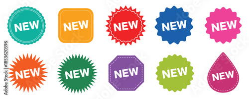 Vibrant new product labels in various shapes and colors