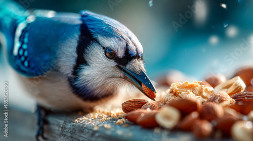Close-up of a blue jay feeding on peanuts, captured in natural light with shallow depth of field and soft bokeh background